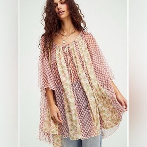 Free People Because I love You Tunic Sheer Floral Boho Oversize Size Large